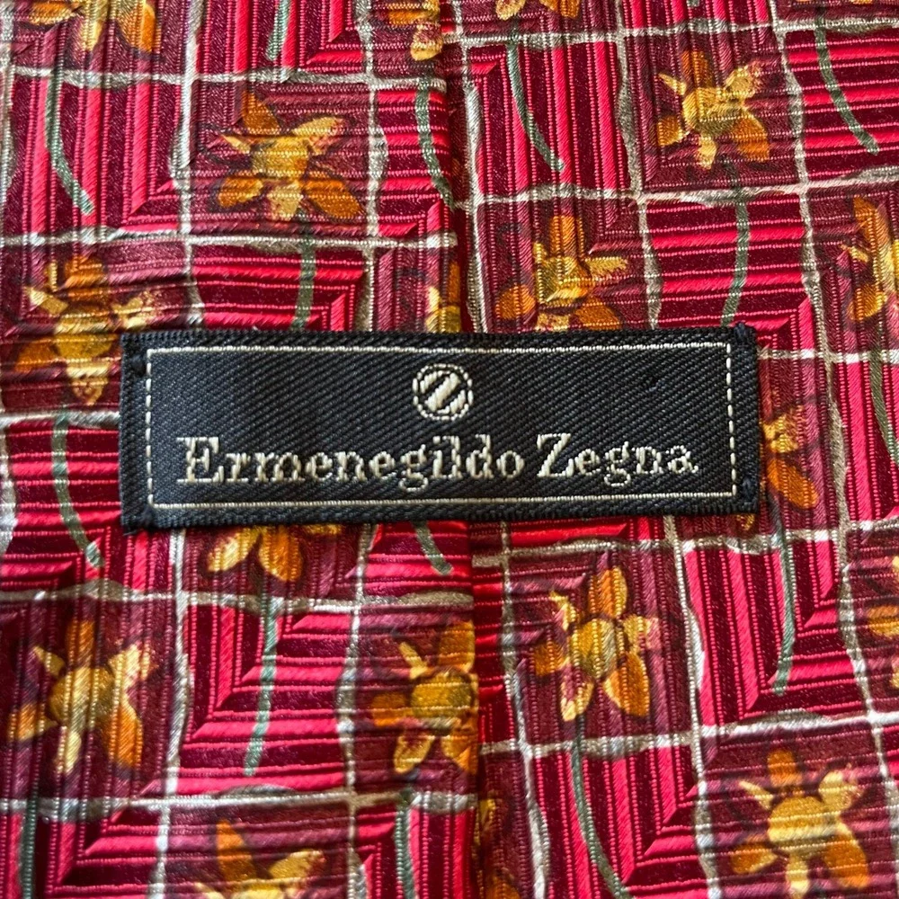Ermenegildo Zegna Silk Tie Red Gold‎ Floral Plaid Mens Luxury Officewear